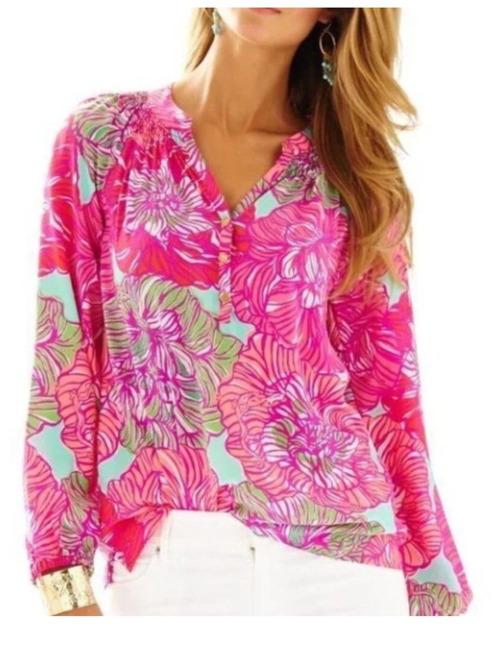 Lilly Pulitzer Elsa silk blouse with a smocked neckline and long sleeves.